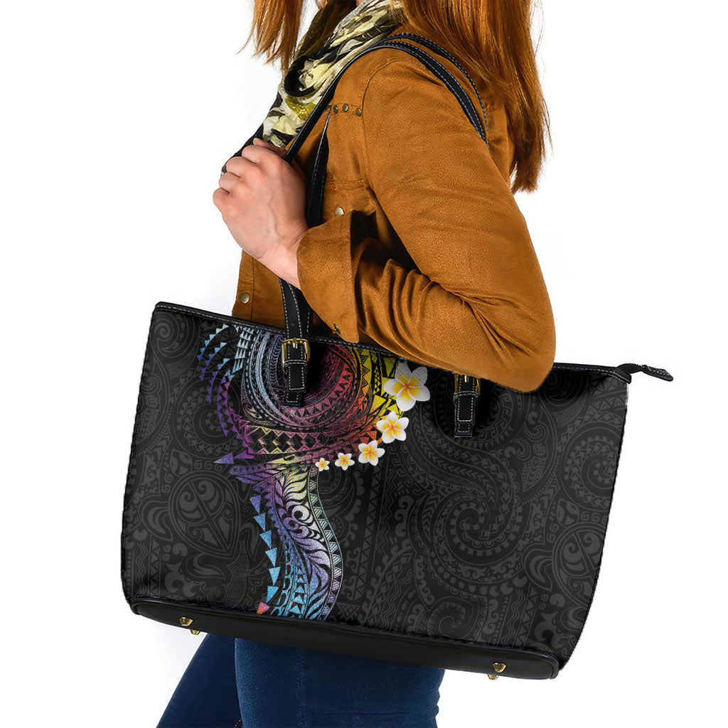 Hawaiian Tribal Tattoo and Plumeria Leather Tote Bag Polynesian Pattern Rainbow