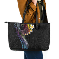 Hawaiian Tribal Tattoo and Plumeria Leather Tote Bag Polynesian Pattern Rainbow
