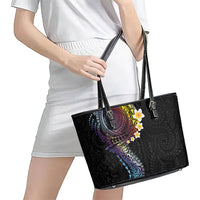 Hawaiian Tribal Tattoo and Plumeria Leather Tote Bag Polynesian Pattern Rainbow
