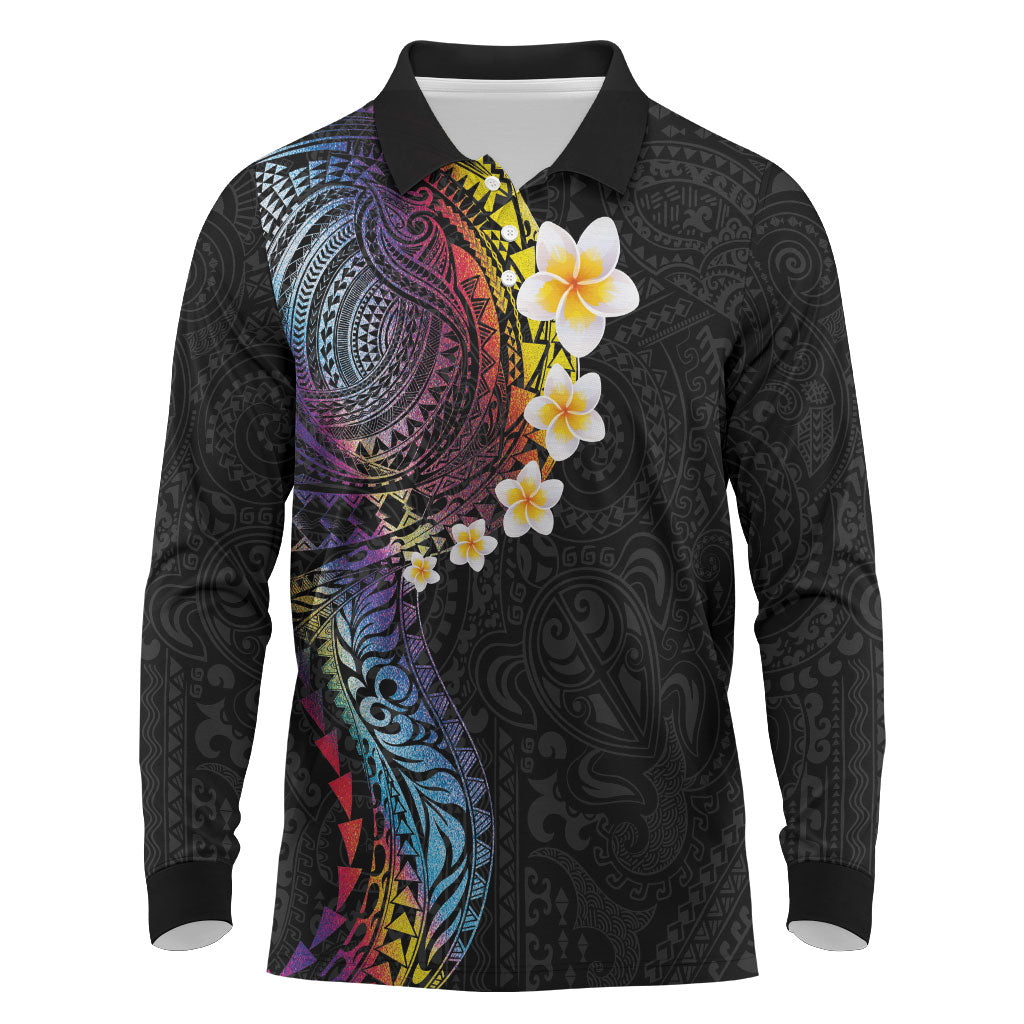 Hawaiian Tribal Tattoo and Plumeria Long Sleeve Polo Shirt Polynesian Pattern Rainbow