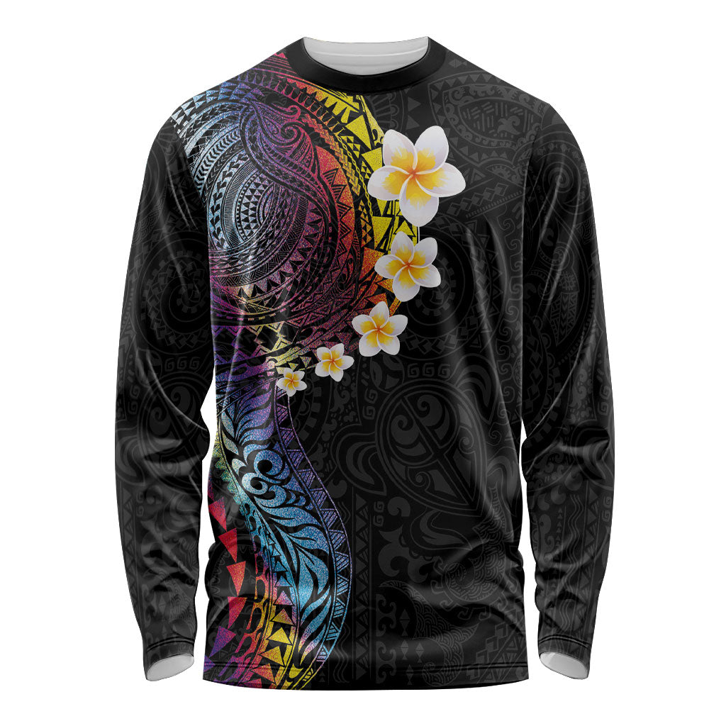 Hawaiian Tribal Tattoo and Plumeria Long Sleeve Shirt Polynesian Pattern Rainbow