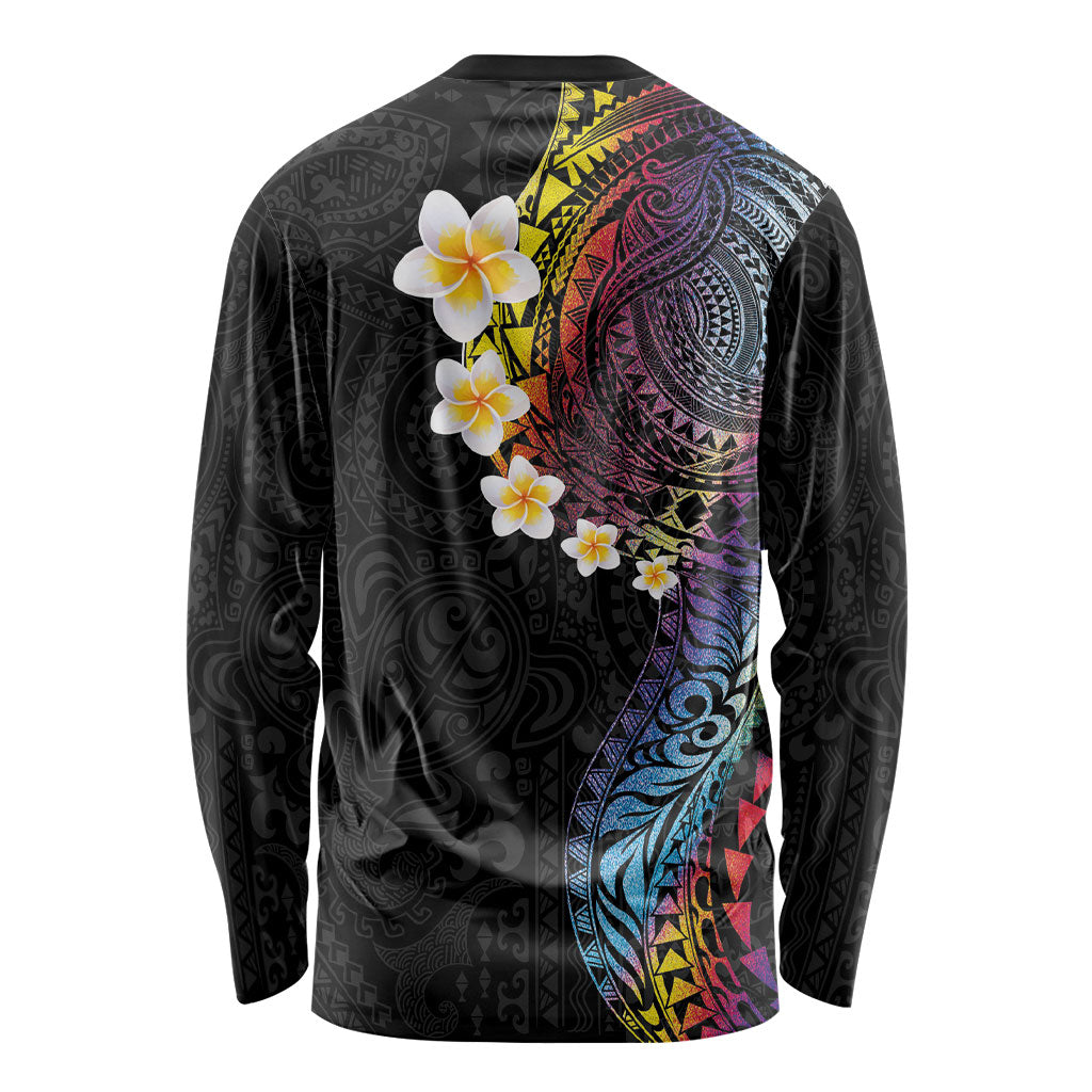 Hawaiian Tribal Tattoo and Plumeria Long Sleeve Shirt Polynesian Pattern Rainbow