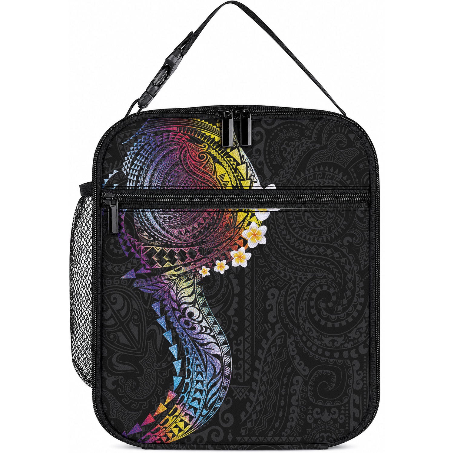 Hawaiian Tribal Tattoo and Plumeria Lunch Bag Polynesian Pattern Rainbow