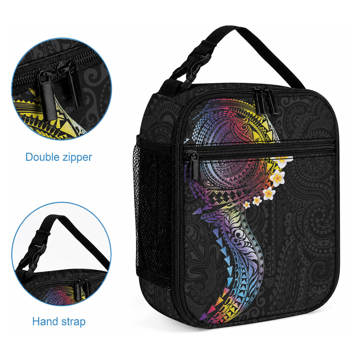 Hawaiian Tribal Tattoo and Plumeria Lunch Bag Polynesian Pattern Rainbow
