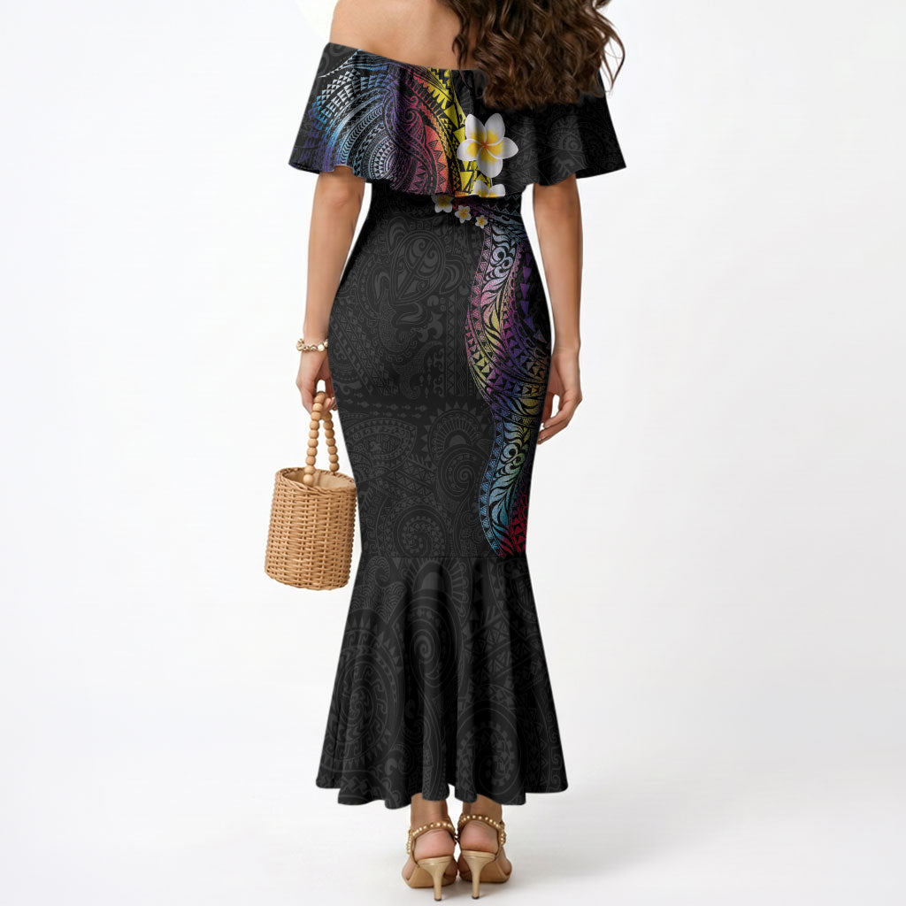 Hawaiian Tribal Tattoo and Plumeria Mermaid Dress Polynesian Pattern Rainbow