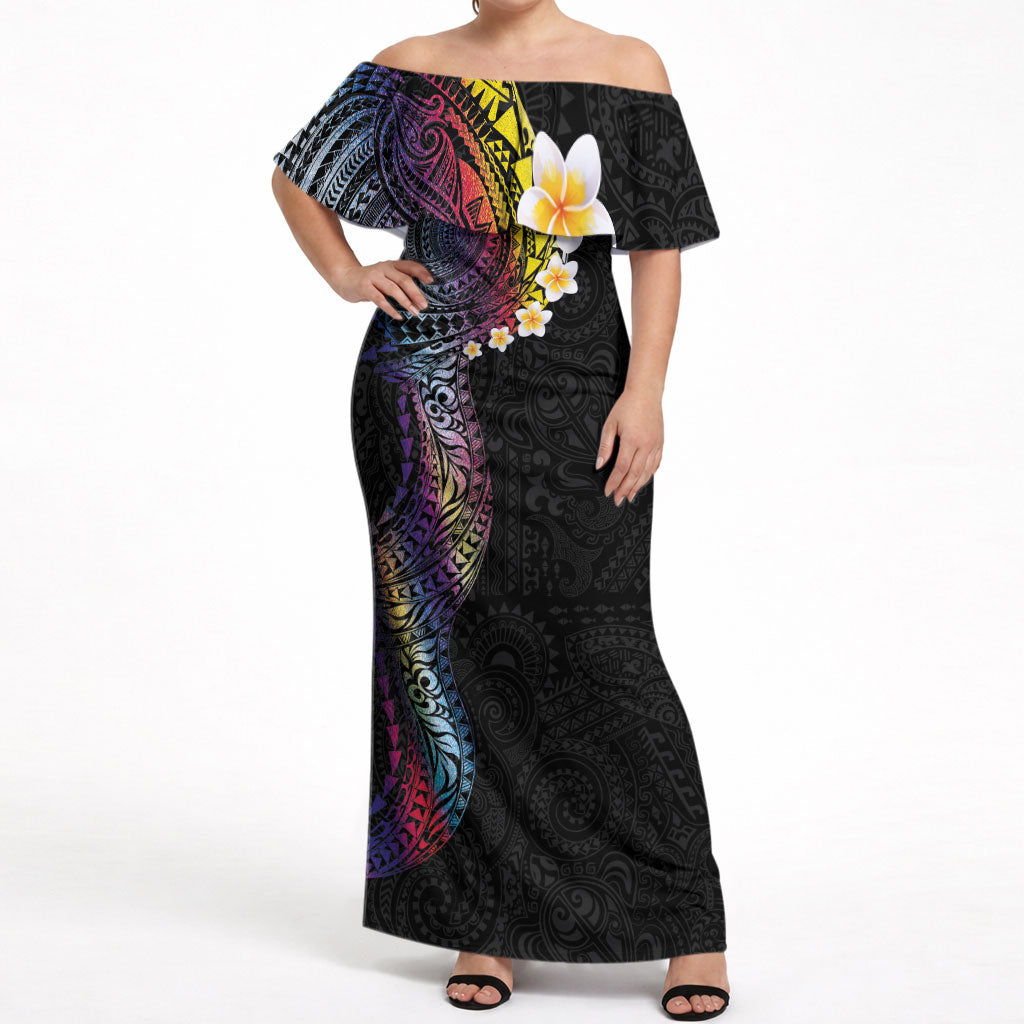 Hawaiian Tribal Tattoo and Plumeria Off Shoulder Maxi Dress Polynesian Pattern Rainbow