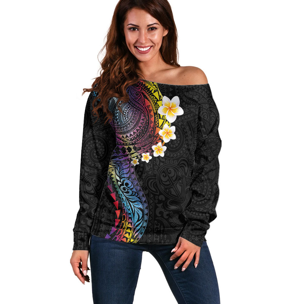 Hawaiian Tribal Tattoo and Plumeria Off Shoulder Sweater Polynesian Pattern Rainbow
