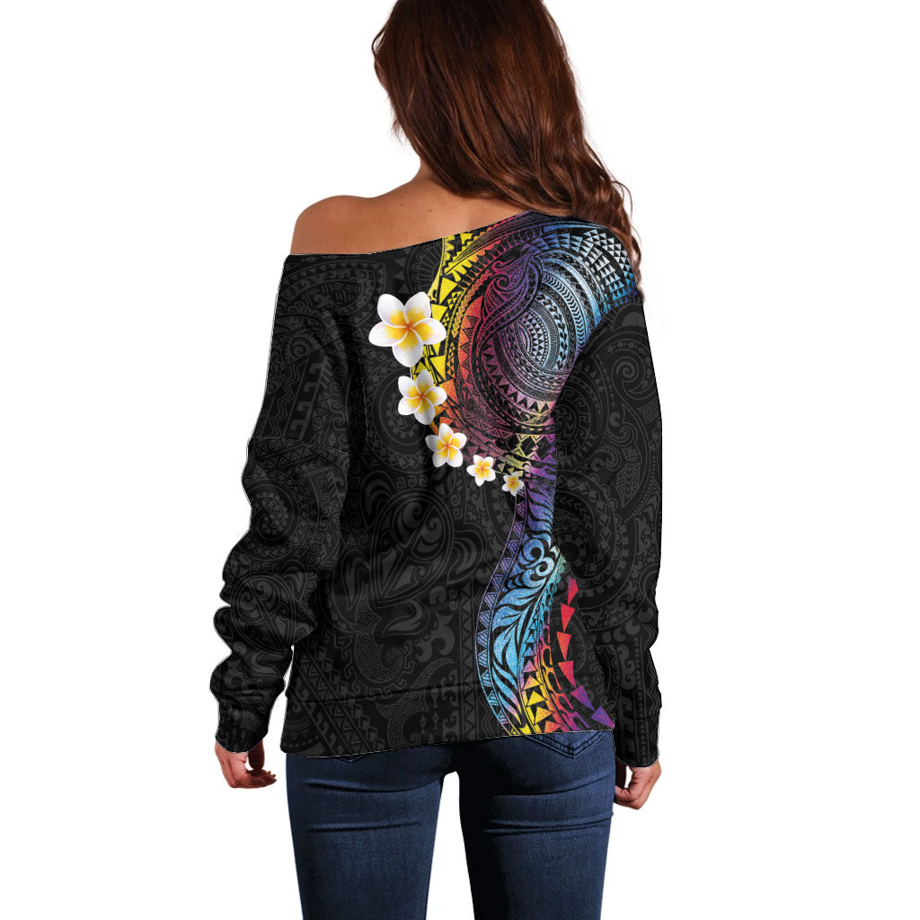 Hawaiian Tribal Tattoo and Plumeria Off Shoulder Sweater Polynesian Pattern Rainbow