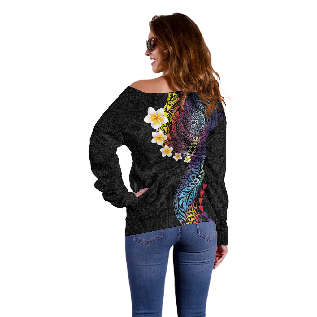Hawaiian Tribal Tattoo and Plumeria Off Shoulder Sweater Polynesian Pattern Rainbow