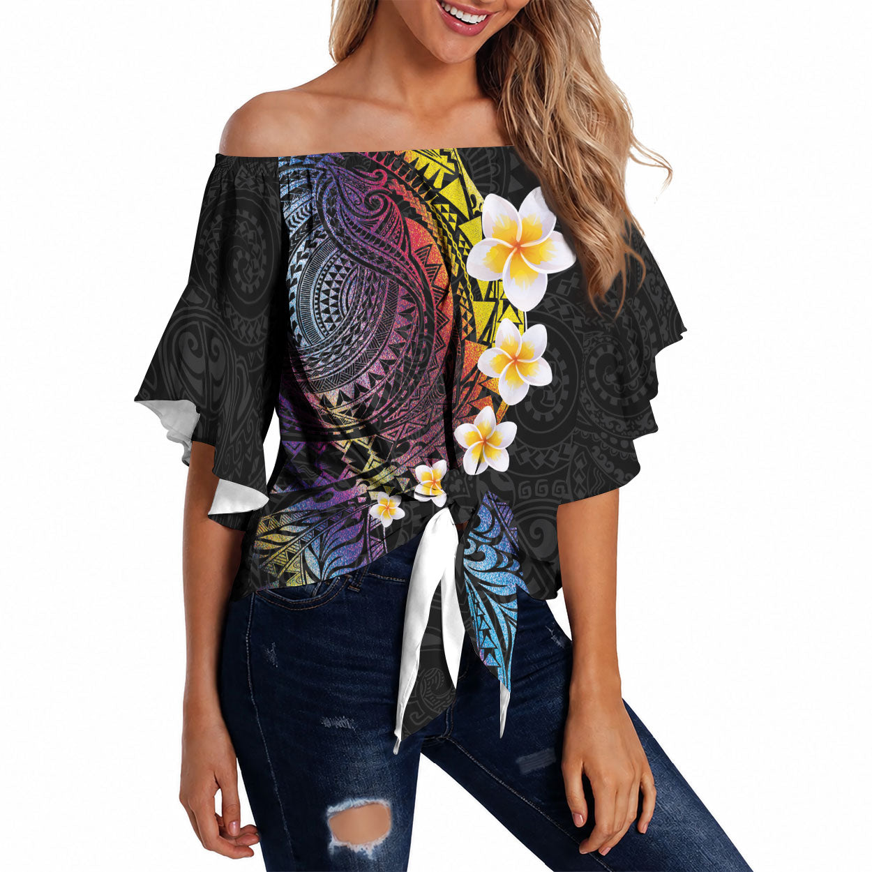 Hawaiian Tribal Tattoo and Plumeria Off Shoulder Wrap Waist Top Polynesian Pattern Rainbow