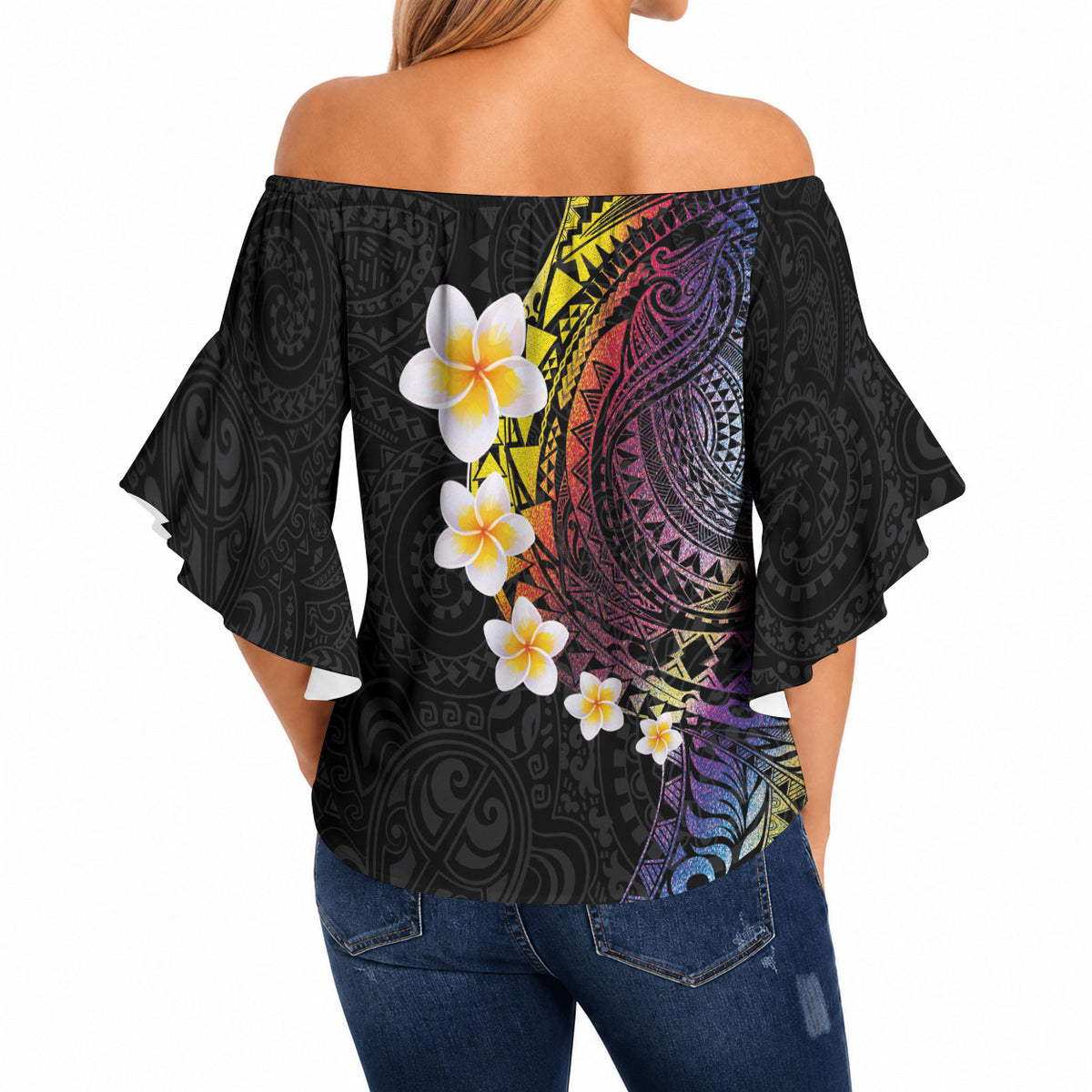 Hawaiian Tribal Tattoo and Plumeria Off Shoulder Wrap Waist Top Polynesian Pattern Rainbow