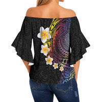 Hawaiian Tribal Tattoo and Plumeria Off Shoulder Wrap Waist Top Polynesian Pattern Rainbow