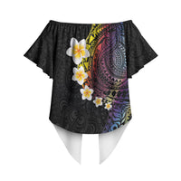 Hawaiian Tribal Tattoo and Plumeria Off Shoulder Wrap Waist Top Polynesian Pattern Rainbow