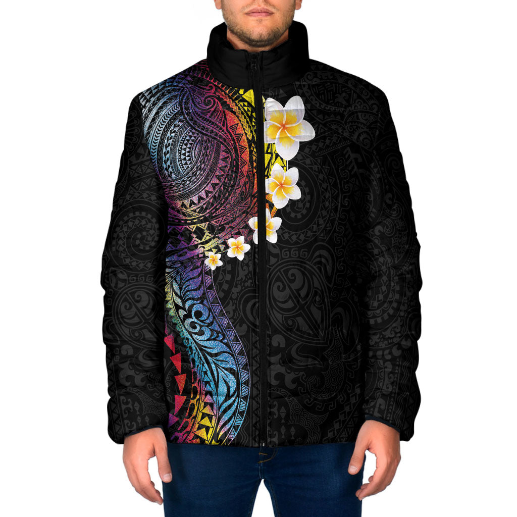 Hawaiian Tribal Tattoo and Plumeria Padded Jacket Polynesian Pattern Rainbow