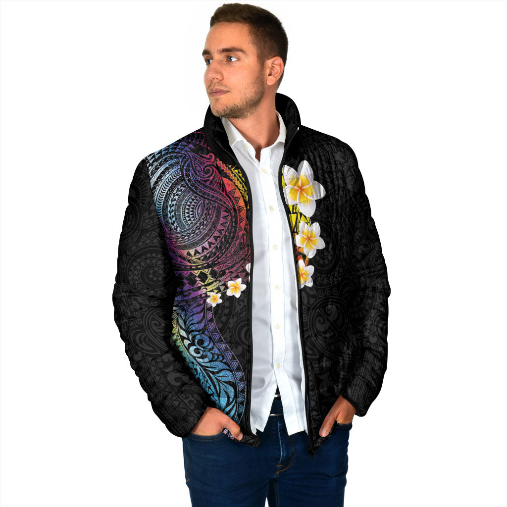 Hawaiian Tribal Tattoo and Plumeria Padded Jacket Polynesian Pattern Rainbow