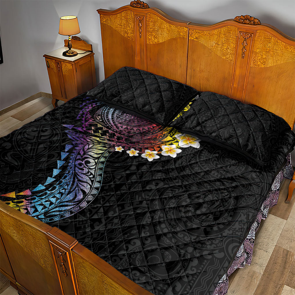 Hawaiian Tribal Tattoo and Plumeria Quilt Bed Set Polynesian Pattern Rainbow