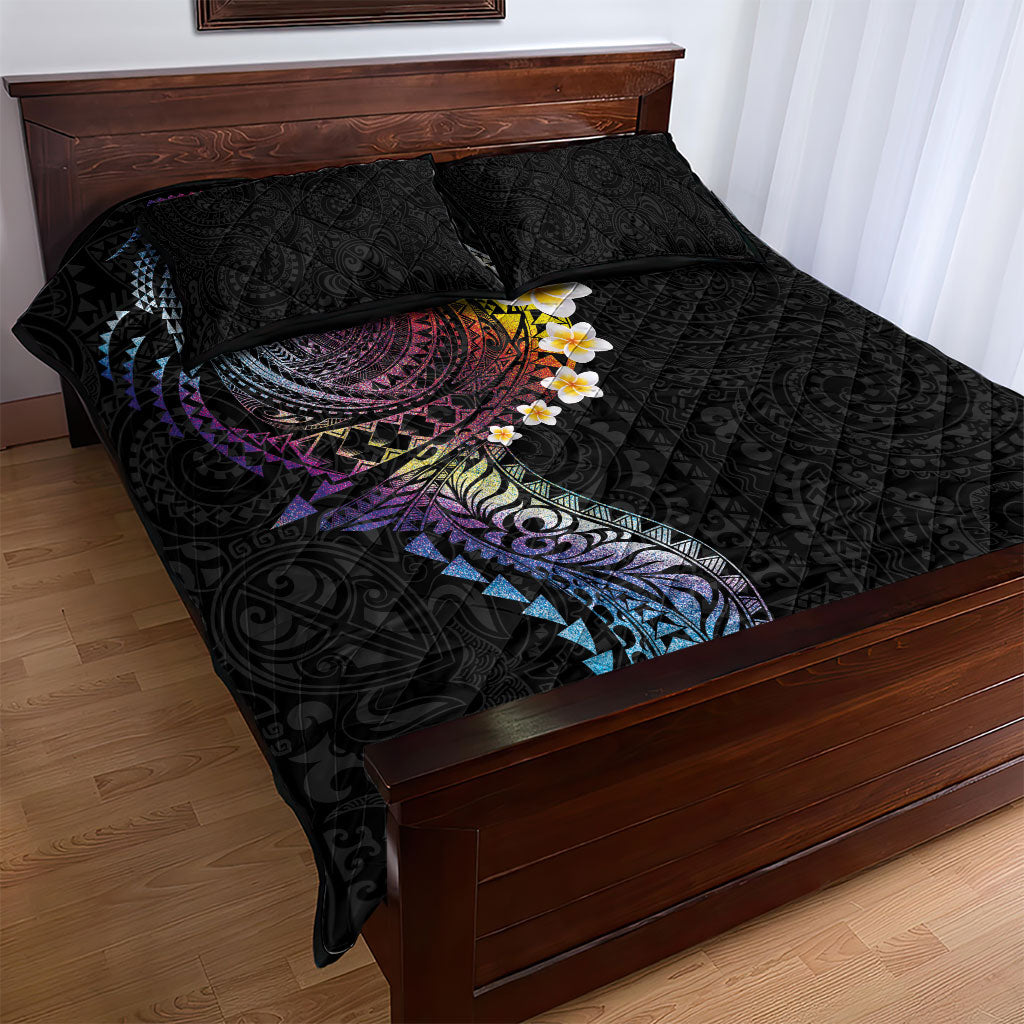 Hawaiian Tribal Tattoo and Plumeria Quilt Bed Set Polynesian Pattern Rainbow