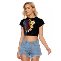 Hawaiian Tribal Tattoo and Plumeria Raglan Cropped T Shirt Polynesian Pattern Rainbow
