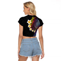 Hawaiian Tribal Tattoo and Plumeria Raglan Cropped T Shirt Polynesian Pattern Rainbow