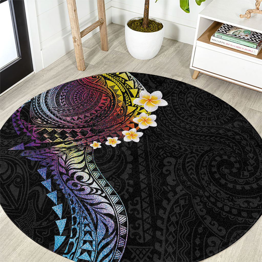 Hawaiian Tribal Tattoo and Plumeria Round Carpet Polynesian Pattern Rainbow