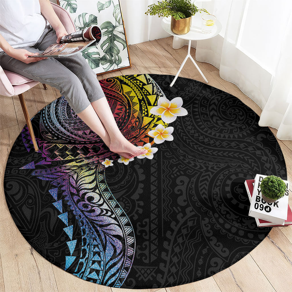 Hawaiian Tribal Tattoo and Plumeria Round Carpet Polynesian Pattern Rainbow
