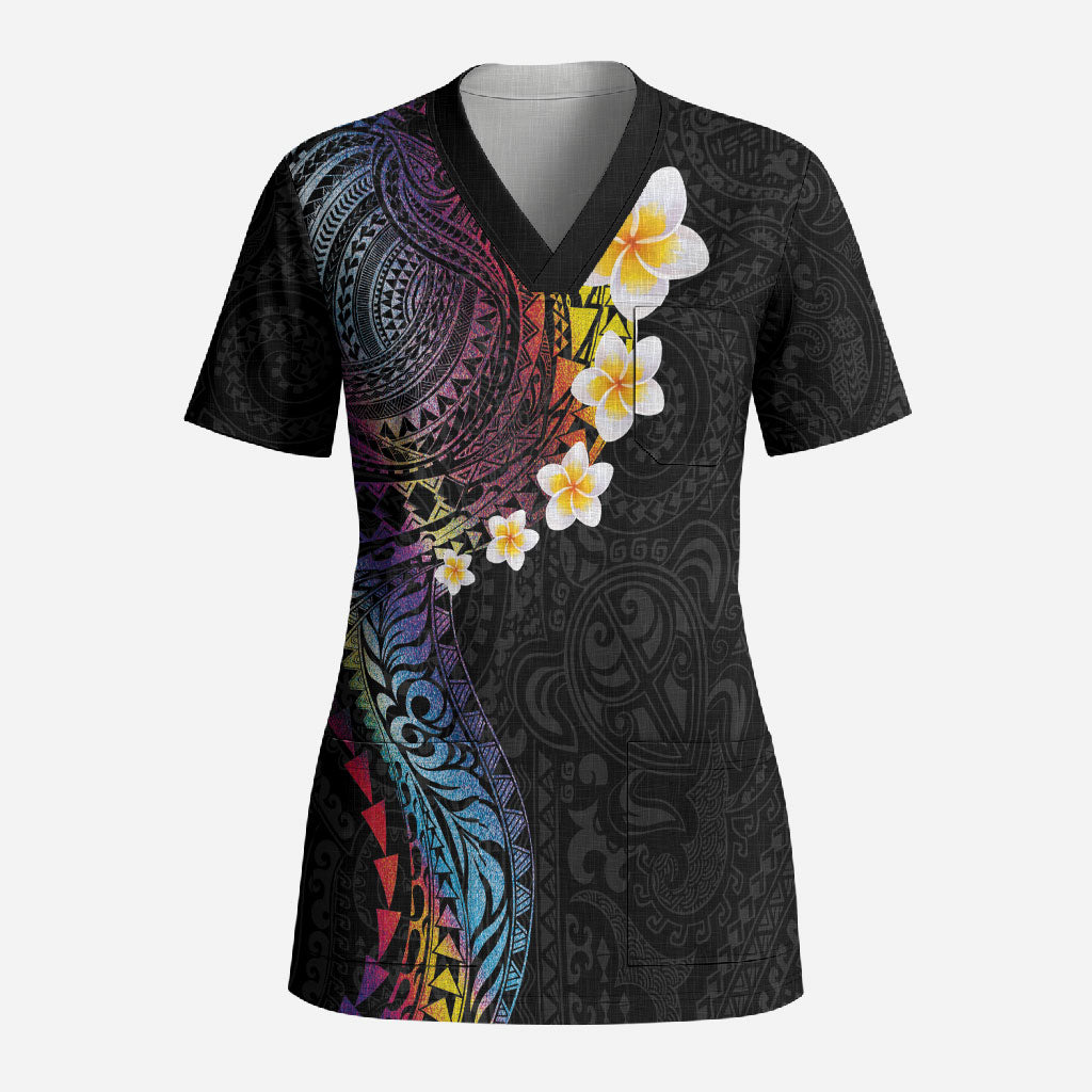 Hawaiian Tribal Tattoo and Plumeria Scrub Top Polynesian Pattern Rainbow