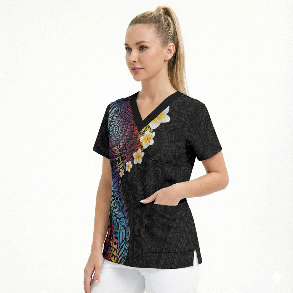 Hawaiian Tribal Tattoo and Plumeria Scrub Top Polynesian Pattern Rainbow