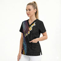 Hawaiian Tribal Tattoo and Plumeria Scrub Top Polynesian Pattern Rainbow