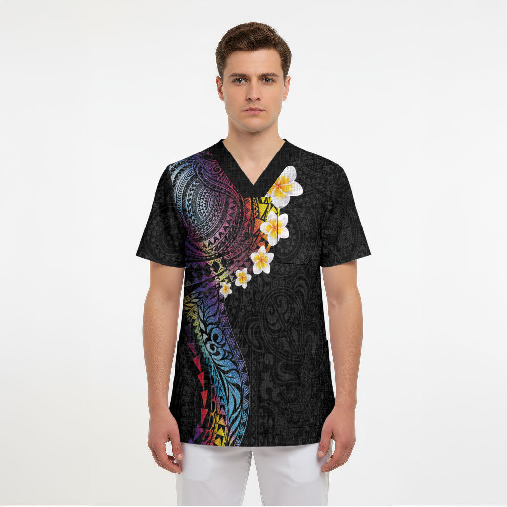 Hawaiian Tribal Tattoo and Plumeria Scrub Top Polynesian Pattern Rainbow