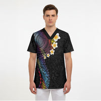 Hawaiian Tribal Tattoo and Plumeria Scrub Top Polynesian Pattern Rainbow