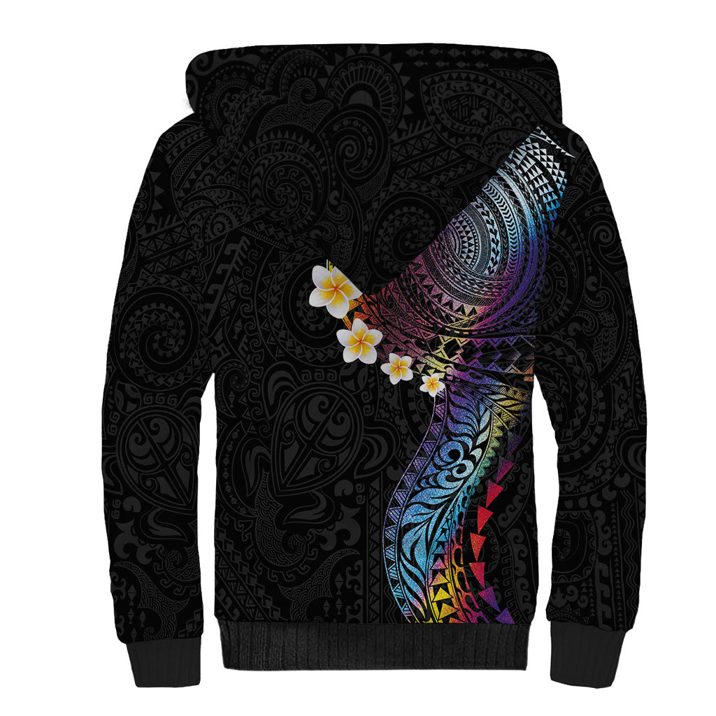 Hawaiian Tribal Tattoo and Plumeria Sherpa Hoodie Polynesian Pattern Rainbow