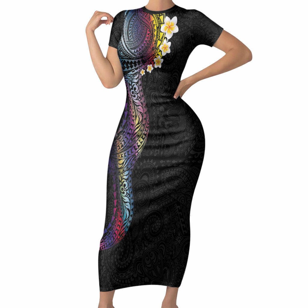 Hawaiian Tribal Tattoo and Plumeria Short Sleeve Bodycon Dress Polynesian Pattern Rainbow