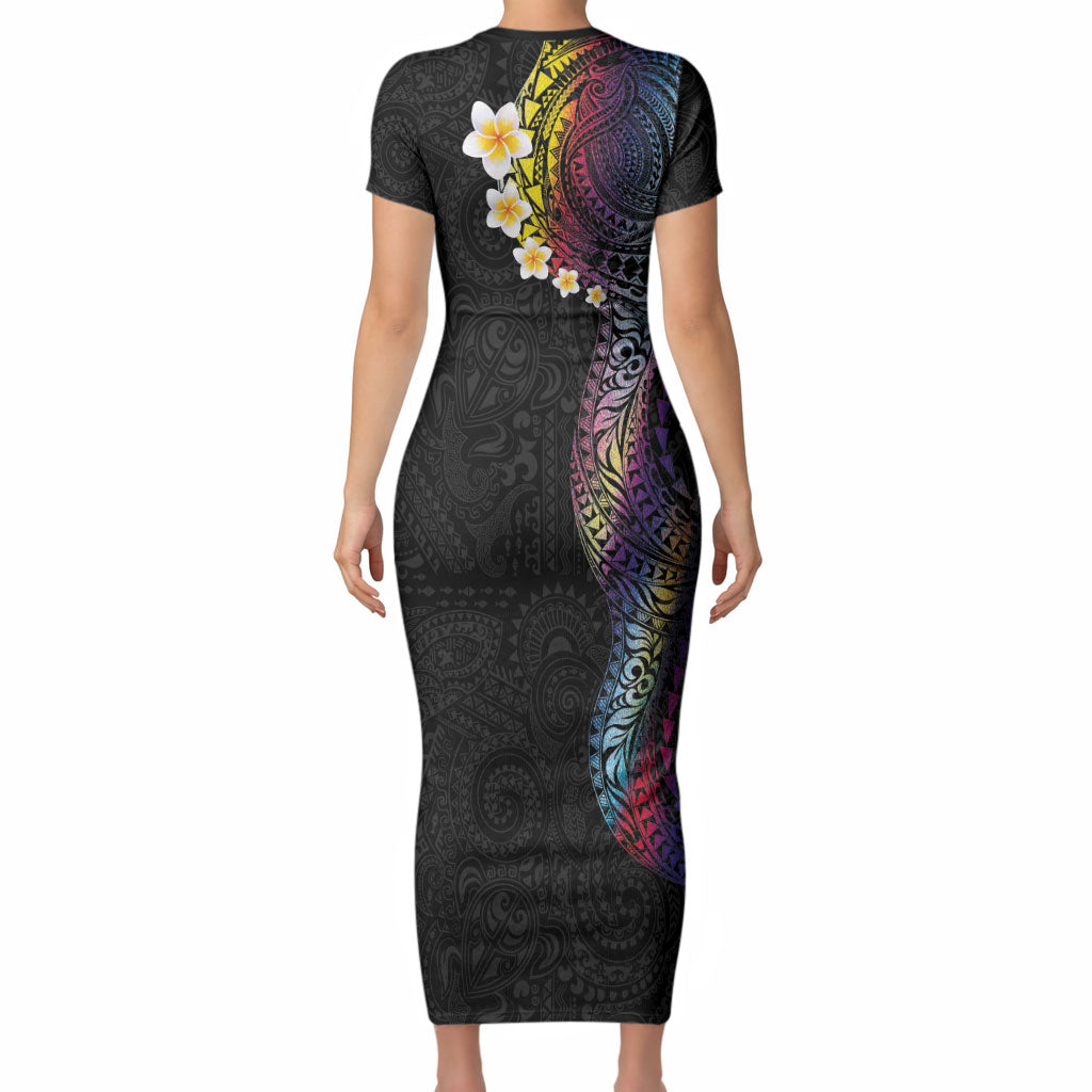 Hawaiian Tribal Tattoo and Plumeria Short Sleeve Bodycon Dress Polynesian Pattern Rainbow