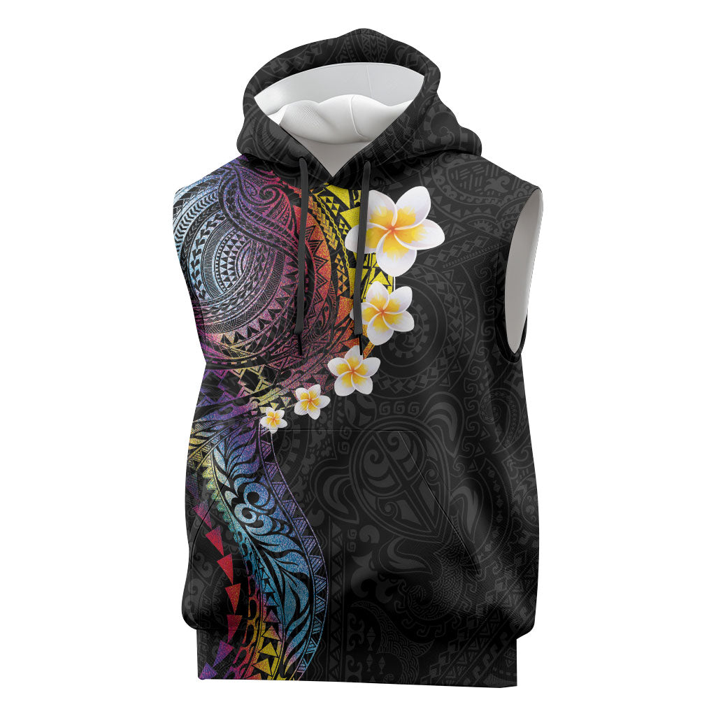 Hawaiian Tribal Tattoo and Plumeria Sleeveless Hoodie Polynesian Pattern Rainbow