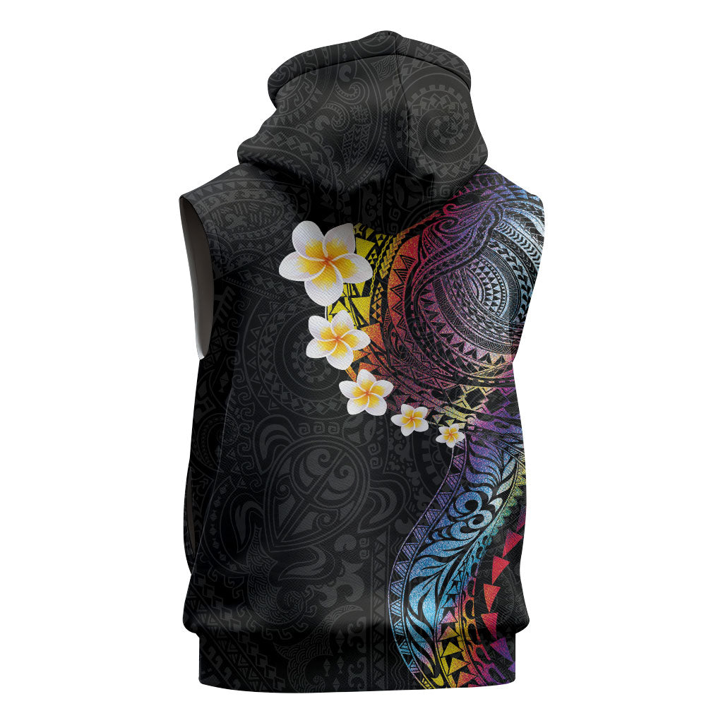 Hawaiian Tribal Tattoo and Plumeria Sleeveless Hoodie Polynesian Pattern Rainbow
