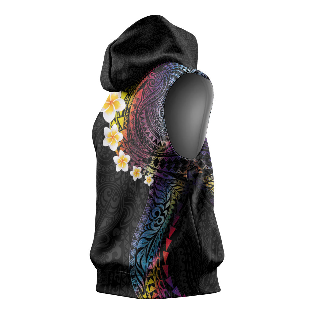 Hawaiian Tribal Tattoo and Plumeria Sleeveless Hoodie Polynesian Pattern Rainbow
