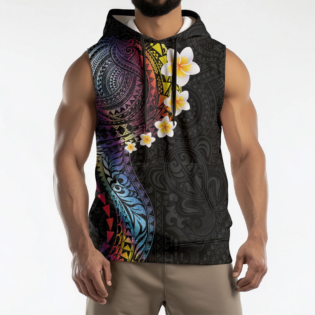Hawaiian Tribal Tattoo and Plumeria Sleeveless Hoodie Polynesian Pattern Rainbow
