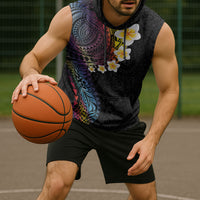 Hawaiian Tribal Tattoo and Plumeria Sleeveless Hoodie Polynesian Pattern Rainbow