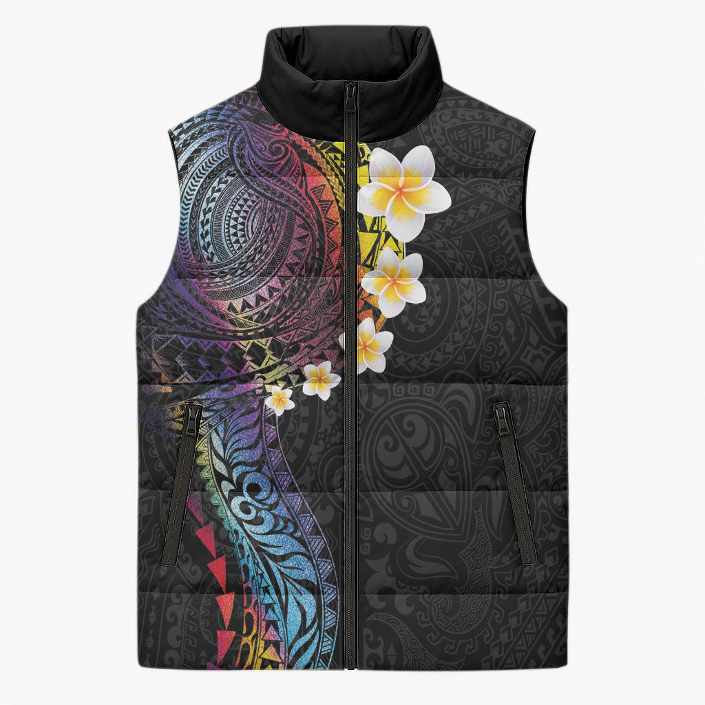 Hawaiian Tribal Tattoo and Plumeria Sleeveless Puffer Jacket Polynesian Pattern Rainbow