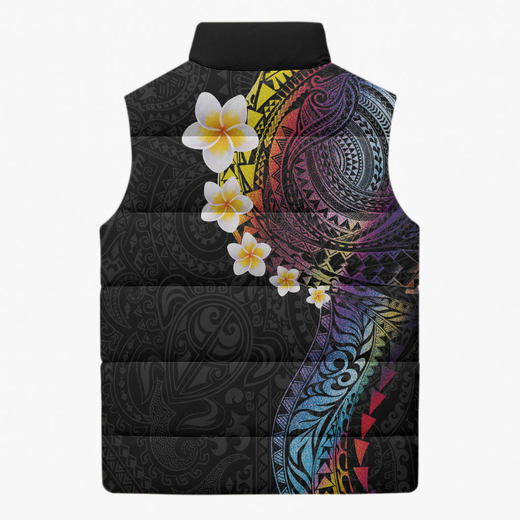 Hawaiian Tribal Tattoo and Plumeria Sleeveless Puffer Jacket Polynesian Pattern Rainbow