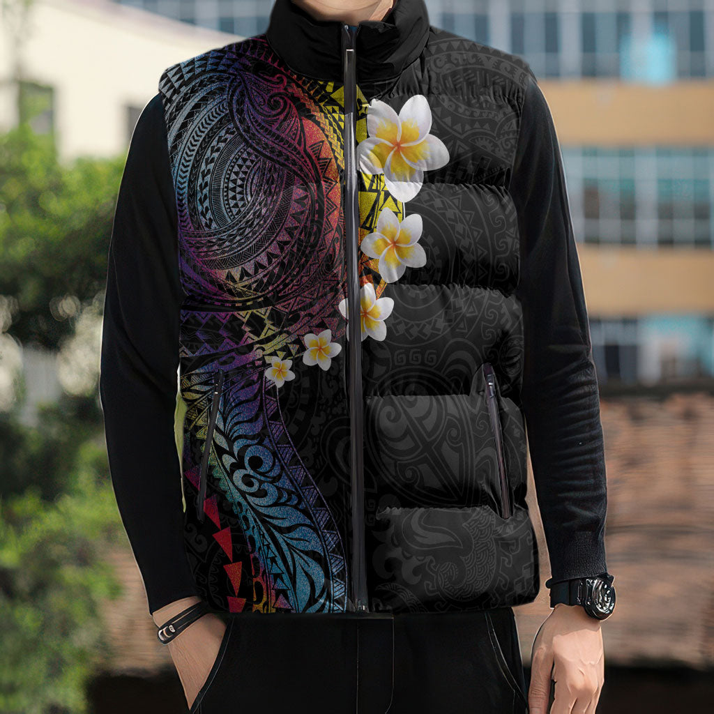 Hawaiian Tribal Tattoo and Plumeria Sleeveless Puffer Jacket Polynesian Pattern Rainbow
