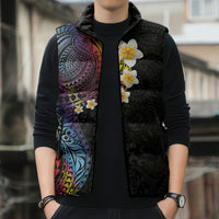 Hawaiian Tribal Tattoo and Plumeria Sleeveless Puffer Jacket Polynesian Pattern Rainbow