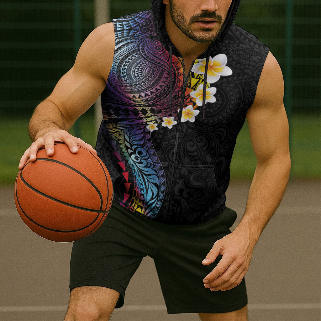 Hawaiian Tribal Tattoo and Plumeria Sleeveless Zip Hoodie Polynesian Pattern Rainbow