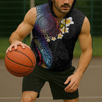 Hawaiian Tribal Tattoo and Plumeria Sleeveless Zip Hoodie Polynesian Pattern Rainbow