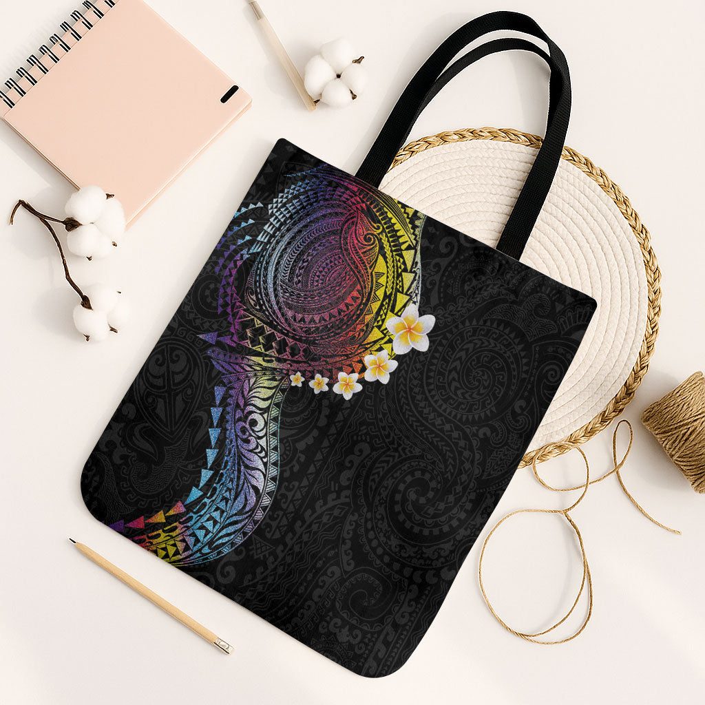 Hawaiian Tribal Tattoo and Plumeria Tote Bag Polynesian Pattern Rainbow