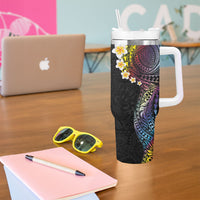 Hawaiian Tribal Tattoo and Plumeria Tumbler With Handle Polynesian Pattern Rainbow