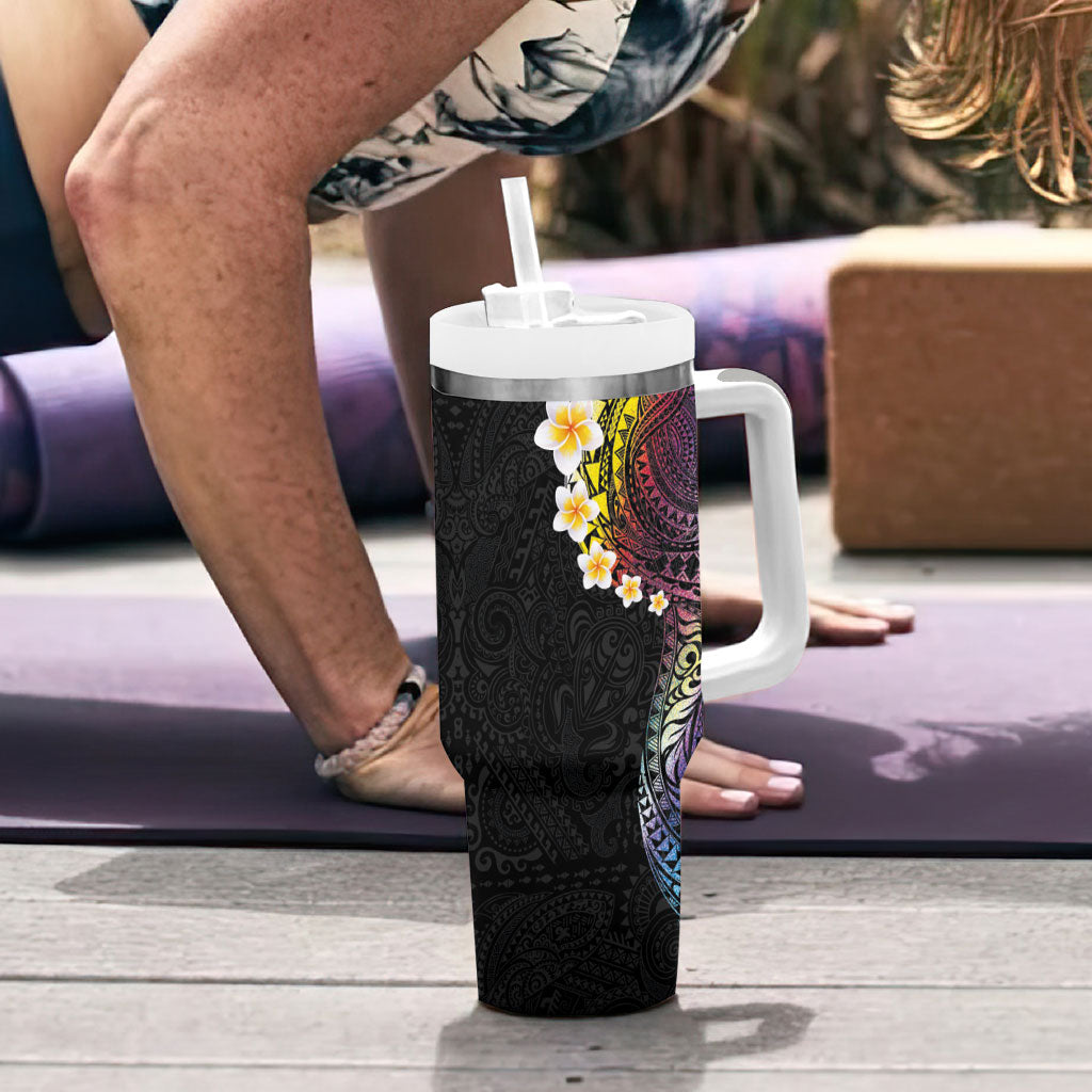 Hawaiian Tribal Tattoo and Plumeria Tumbler With Handle Polynesian Pattern Rainbow