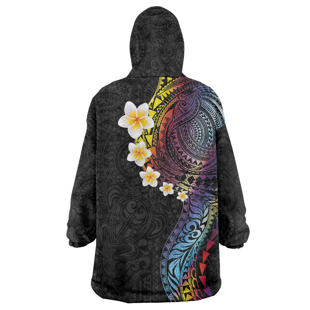 Hawaiian Tribal Tattoo and Plumeria Wearable Blanket Hoodie Polynesian Pattern Rainbow