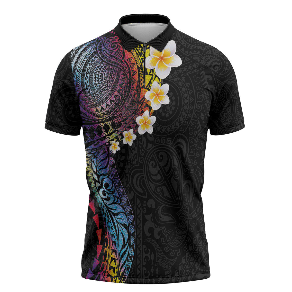 Hawaiian Tribal Tattoo and Plumeria Zipper Polo Shirt Polynesian Pattern Rainbow