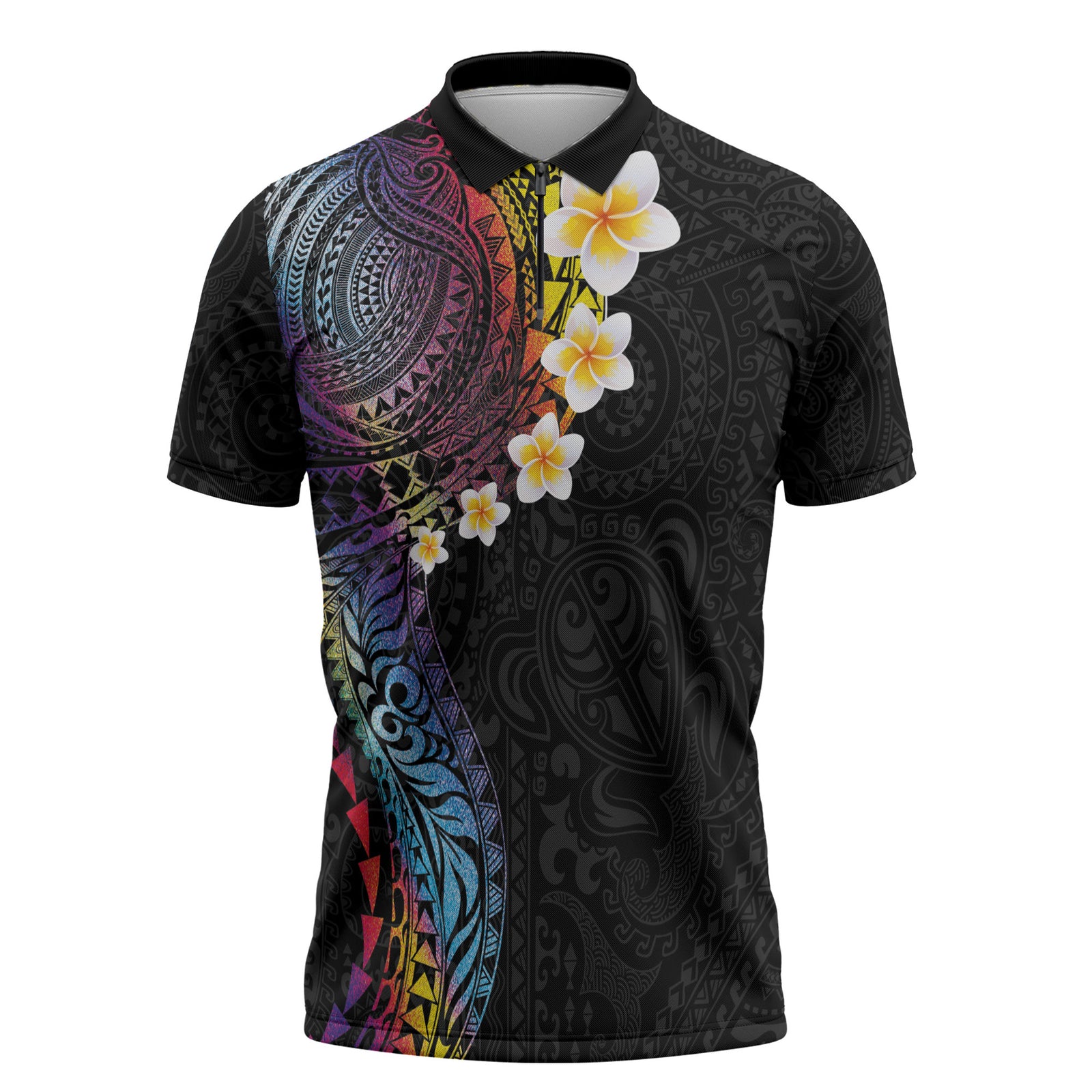Hawaiian Tribal Tattoo and Plumeria Zipper Polo Shirt Polynesian Pattern Rainbow